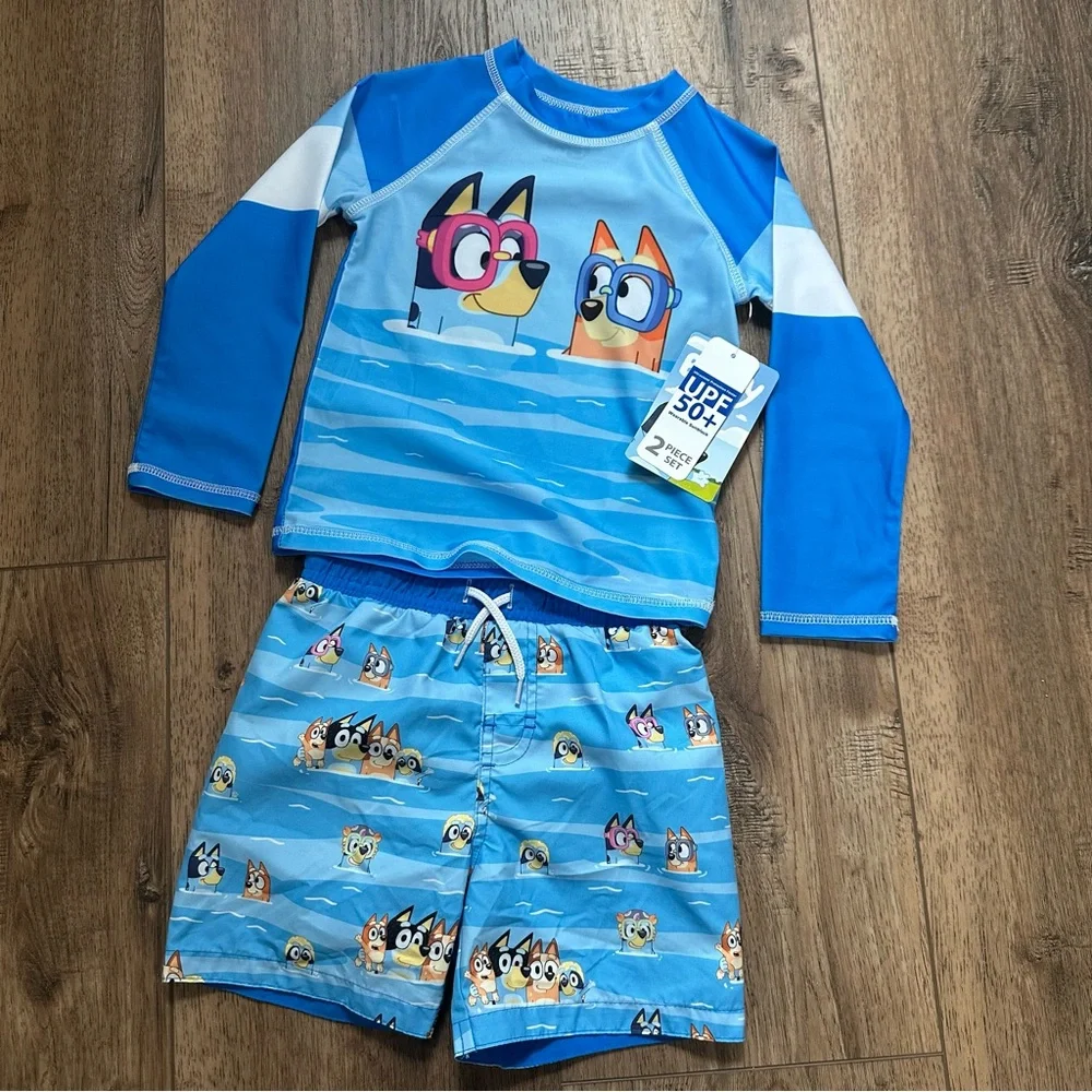 NWT!! Children’s Bluey Swim Outfit, UPF 50+, Swim Trunks, Rash Guard, Unisex, 3T